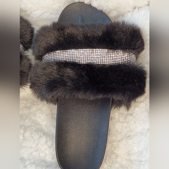 Black Furry and Silver Bedazzled Slippers - Picture 3 of 11